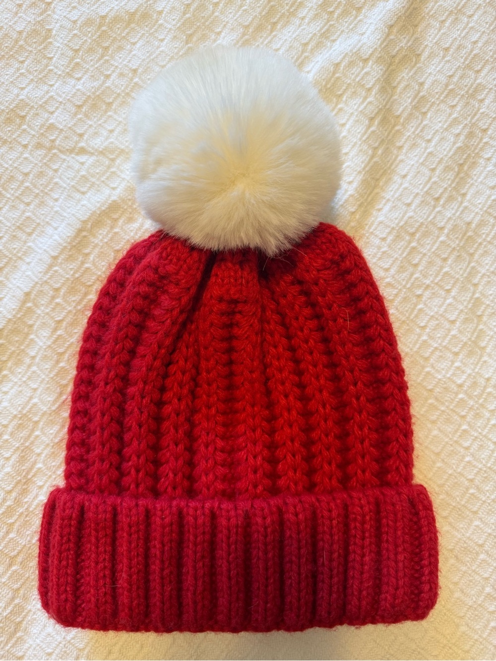 Anthropologie Pick-A-Pom Red Cable Knit Beanie + White Faux Fur Pom